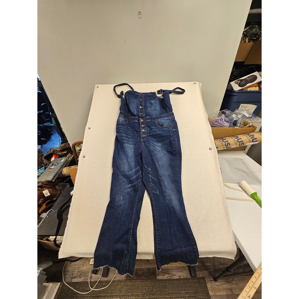 Wax Jean Womens 2XL Dark Wash Flare Leg Denim Overalls Raw Hem Button Front 5922